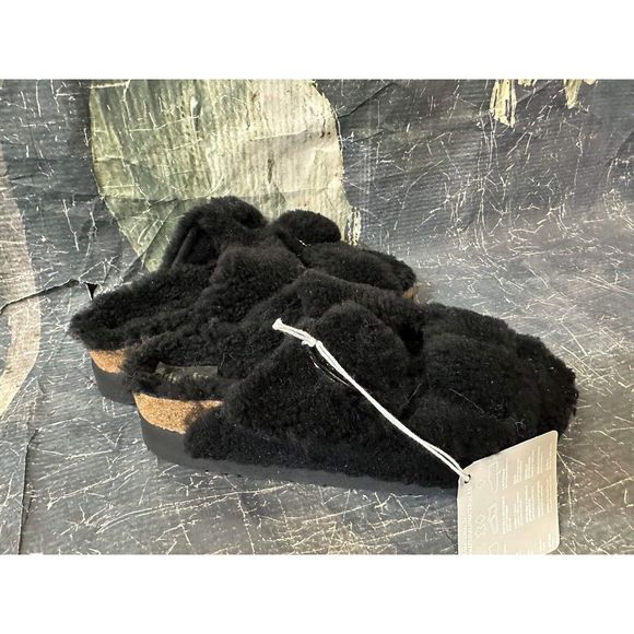 New Birkenstock Papillio Arizona Teddy Shearling Fur Platform Sandals Black EU37 - Picture 8 of 9